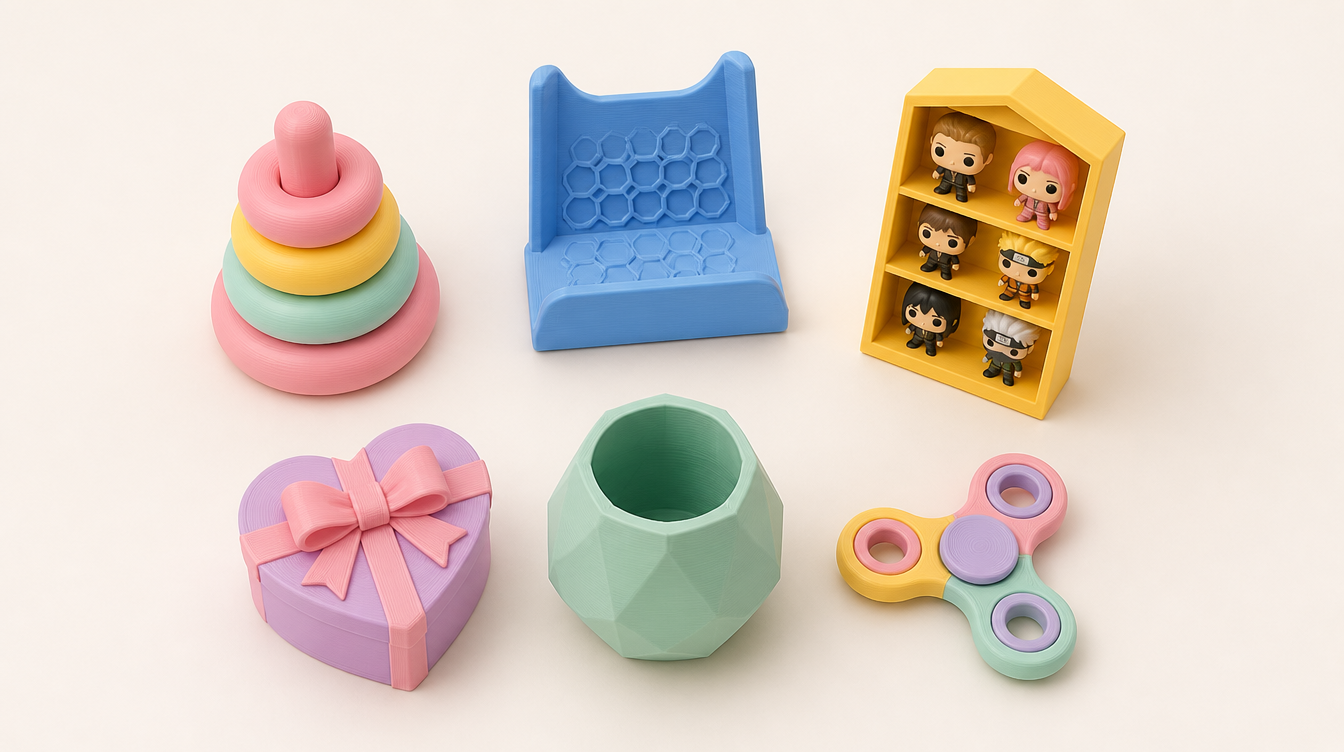 Selección de piezas YEL3D impresas en 3D en colores pastel