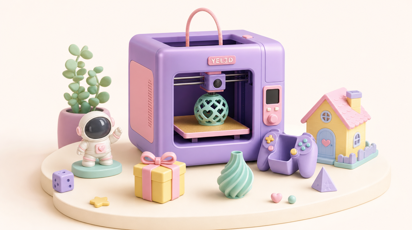 Impresora 3D YEL3D rodeada de creaciones pastel: astronauta, casita, mando, regalo y planta
